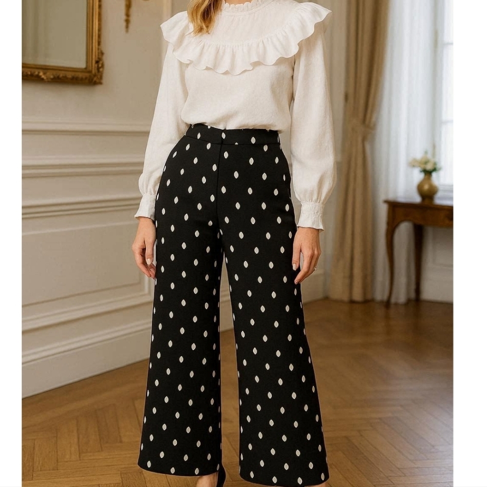 Worthington Black with White Polka Dots Wide Leg Ankle Length Pants size M - Picture 1 of 8